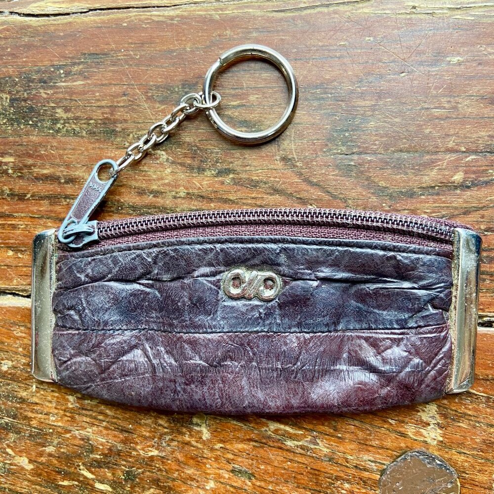 Vintage 60s Brown Eel Skin Coin Purse with Gold Accents Zipper Key Chain EUC